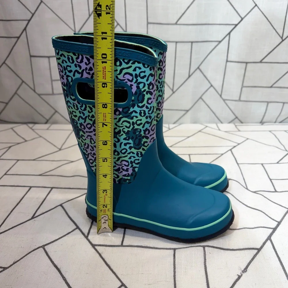 Bogs Rain Boots Size 3 Teal Leopard Print Waterproof Pull On Youth Shoes